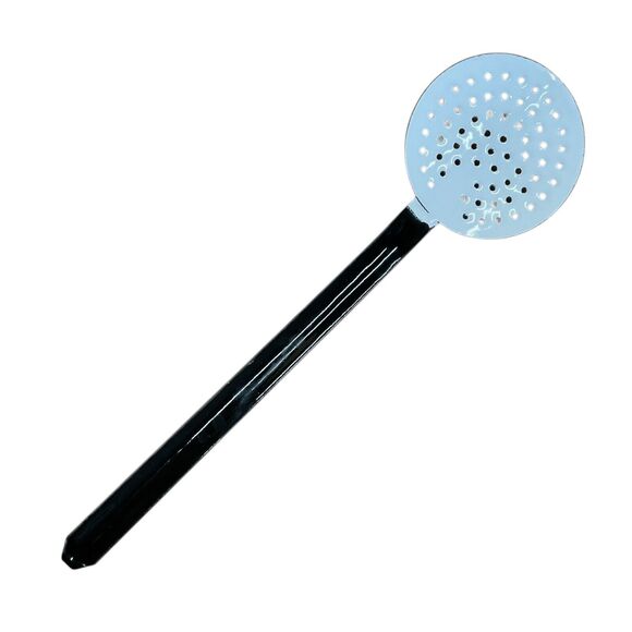 White and Red Strainer Skimmer Graniteware Enamel Black Handled Vintage Rustic - Picture 1 of 7